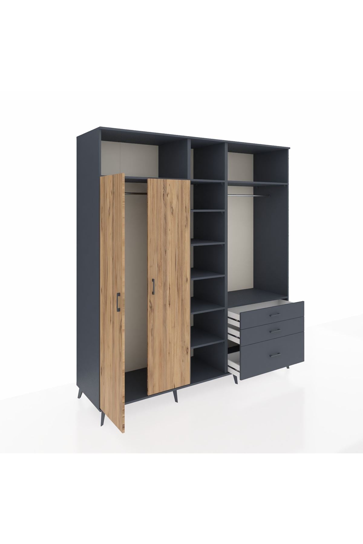 Kronos Dolap 9 Raflı 3 Çekmeceli 2 Askılı 220x59x243 Antrasit-Çam/Antrasit