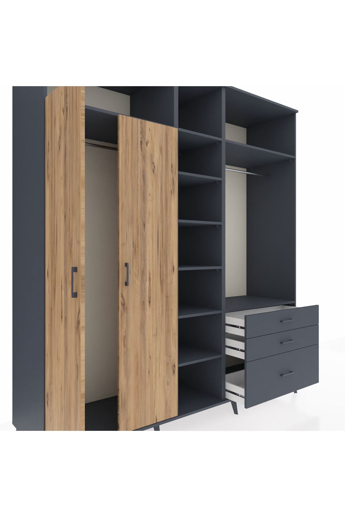 Kronos Dolap 9 Raflı 3 Çekmeceli 2 Askılı 220x59x243 Antrasit-Çam/Antrasit