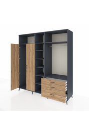 Kronos Dolap 9 Raflı 3 Çekmeceli 2 Askılı 220x59x243 Antrasit-Çam/Çam