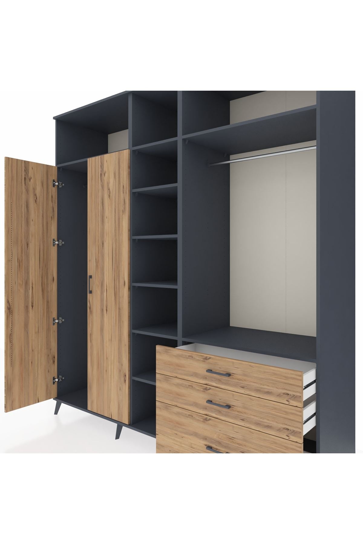 Kronos Dolap 9 Raflı 3 Çekmeceli 2 Askılı 220x59x243 Antrasit-Çam/Çam