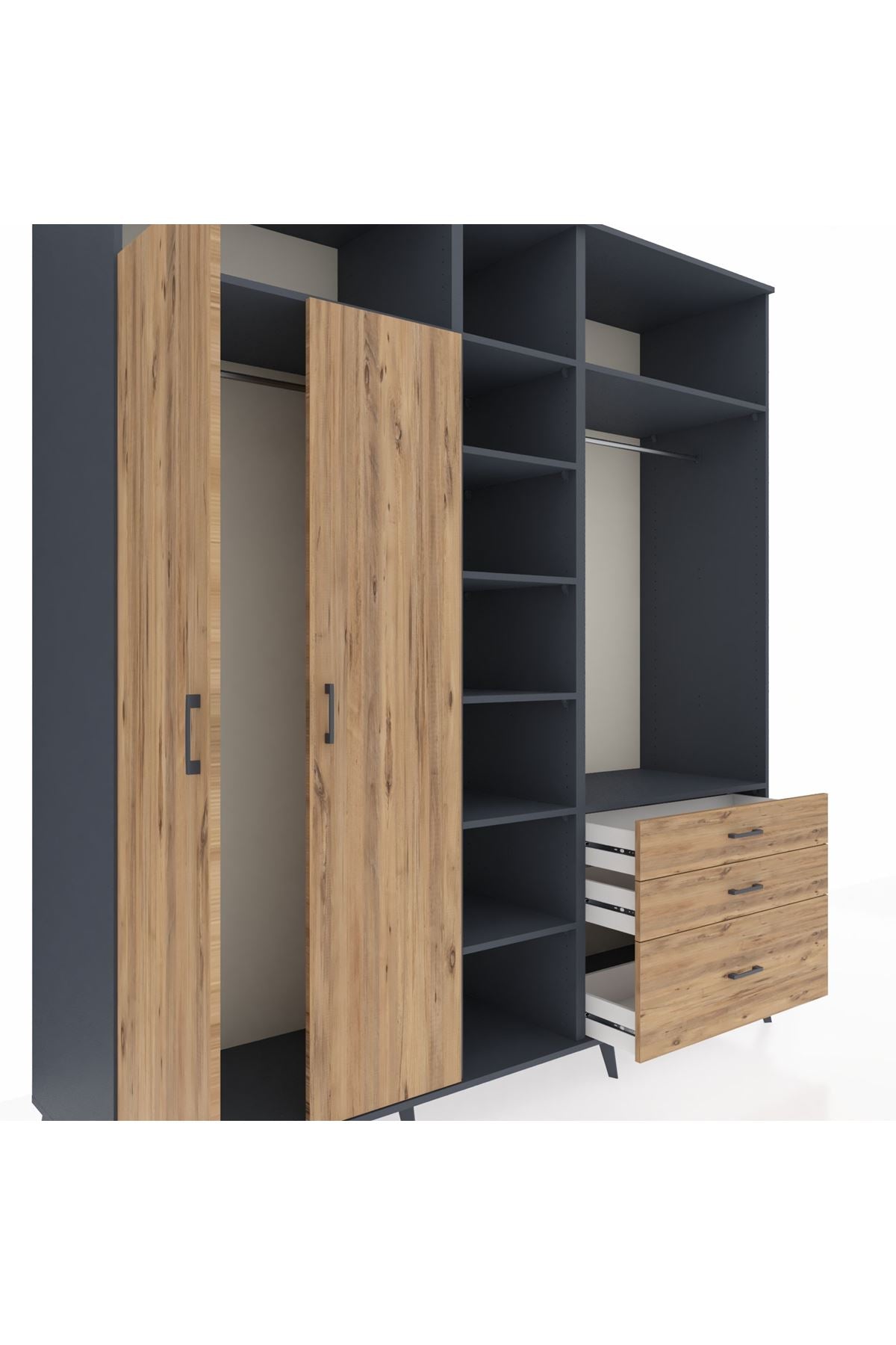 Kronos Dolap 9 Raflı 3 Çekmeceli 2 Askılı 220x59x243 Antrasit-Çam/Çam