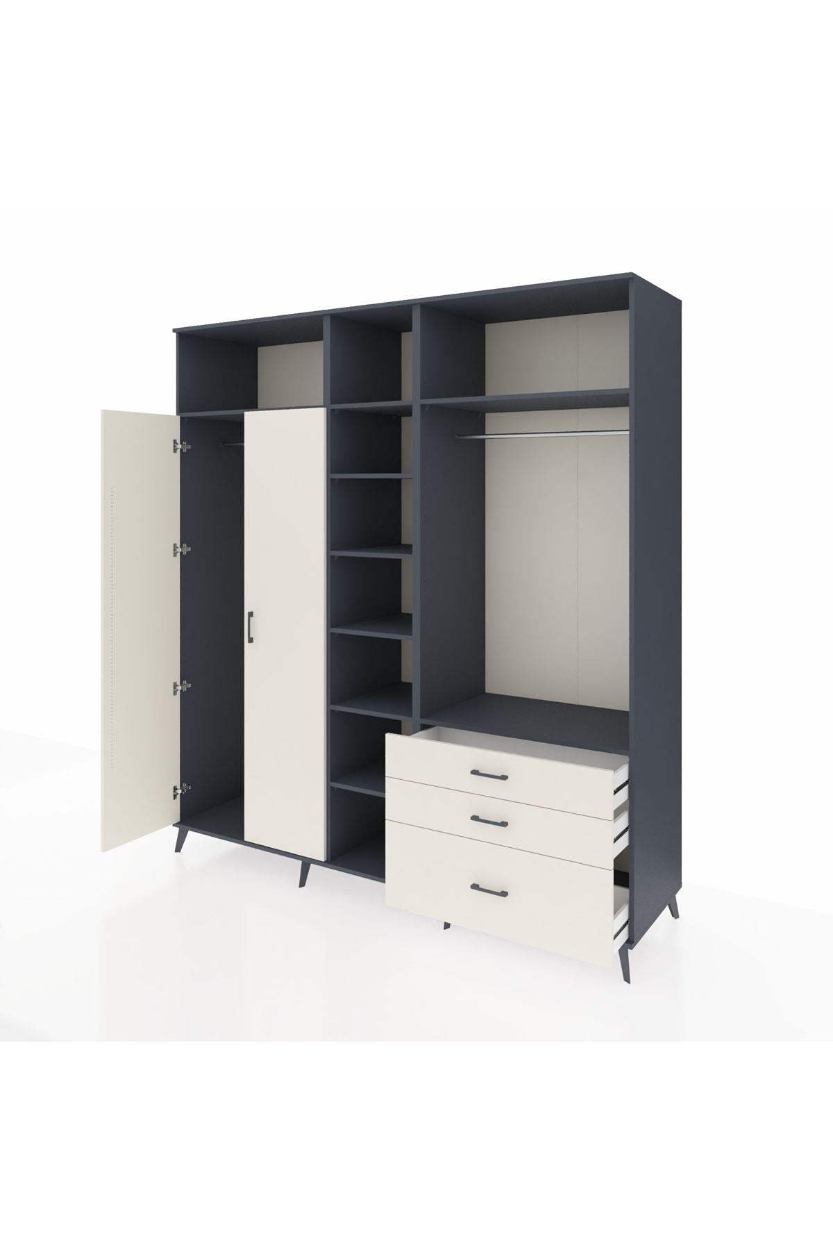 Kronos Dolap 9 Raflı 3 Çekmeceli 2 Askılı 220x59x243 Antrasit-Aytaşı/Aytaşı