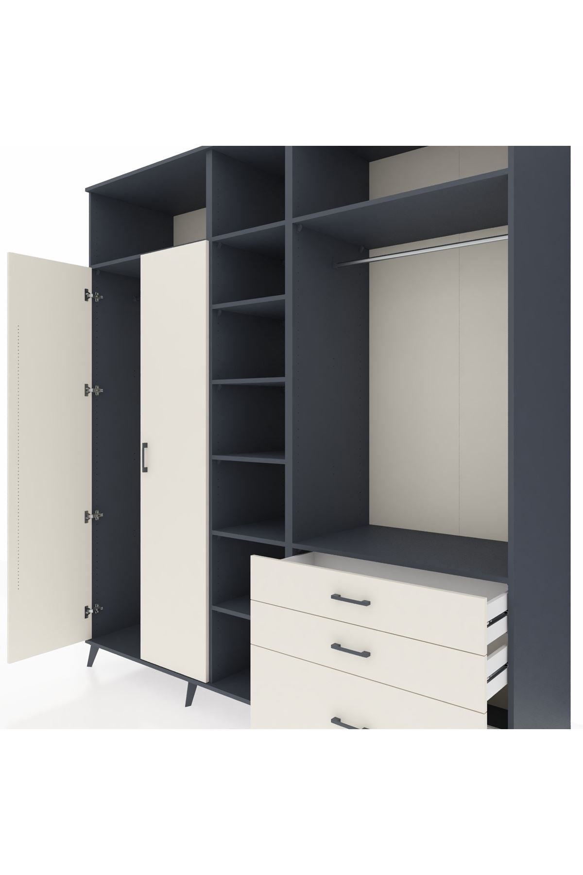 Kronos Dolap 9 Raflı 3 Çekmeceli 2 Askılı 220x59x243 Antrasit-Aytaşı/Aytaşı