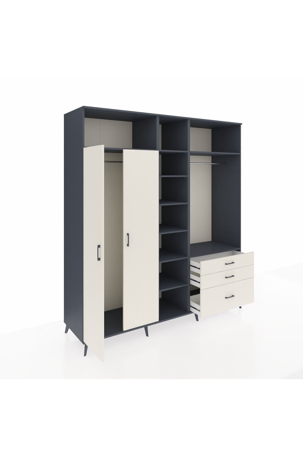 Kronos Dolap 9 Raflı 3 Çekmeceli 2 Askılı 220x59x243 Antrasit-Aytaşı/Aytaşı