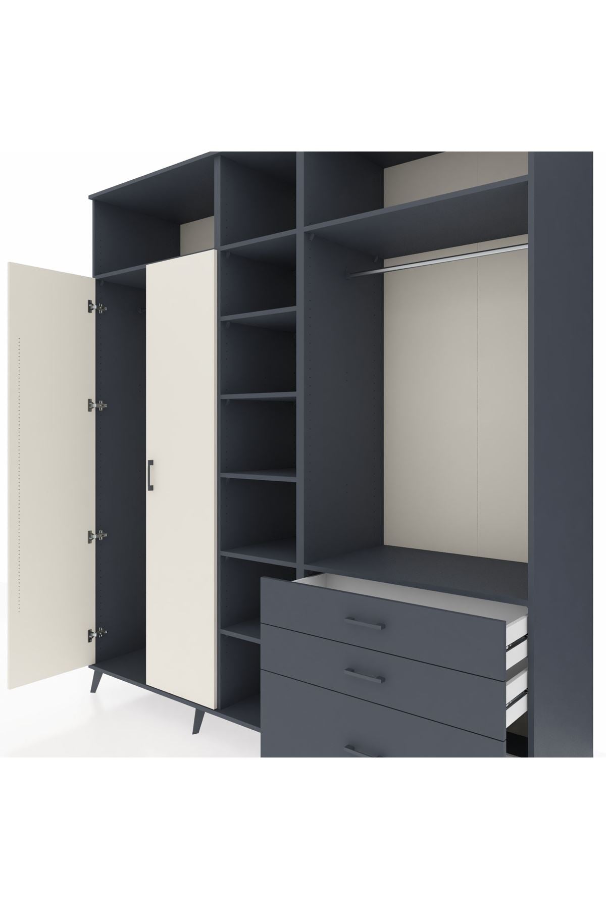 Kronos Dolap 9 Raflı 3 Çekmeceli 2 Askılı 220x59x243 Antrasit-Aytaşı/Antrasit