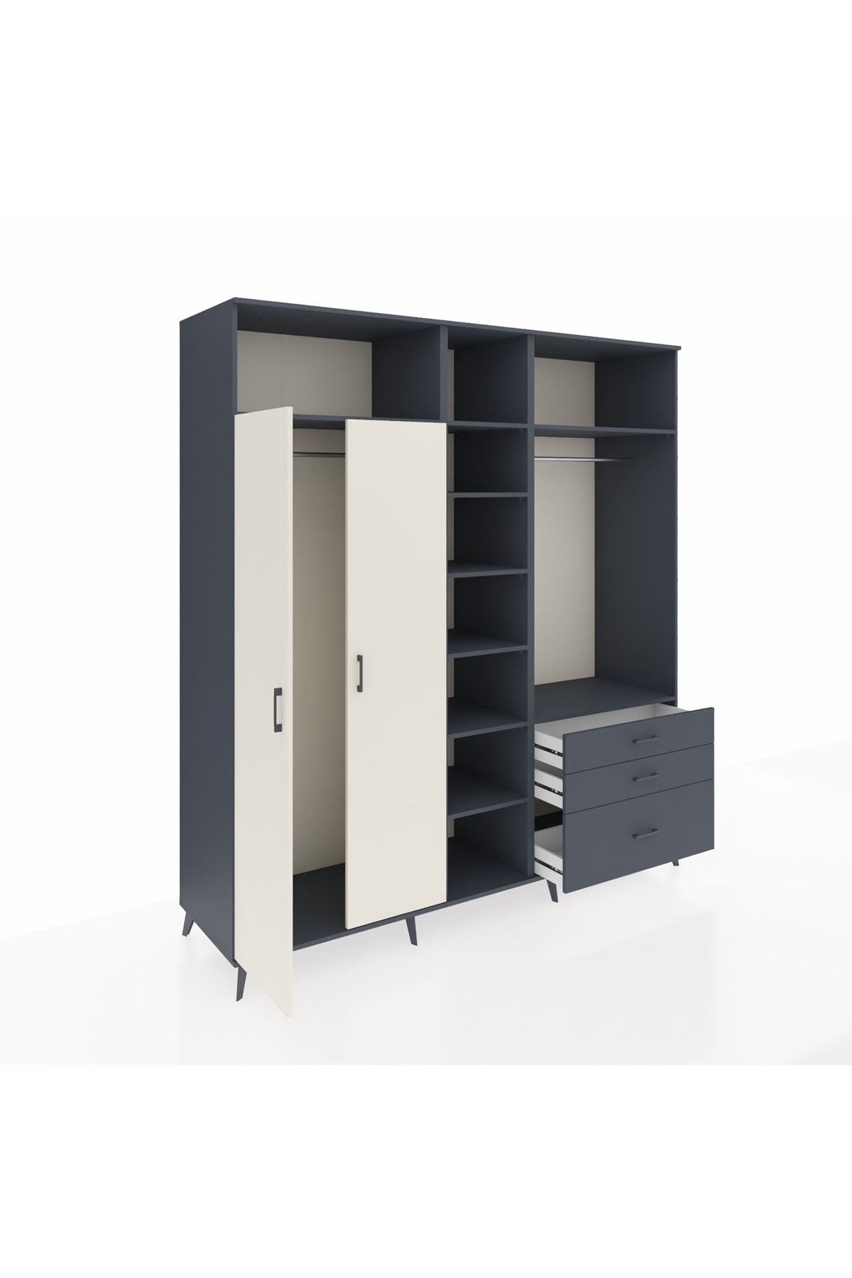 Kronos Dolap 9 Raflı 3 Çekmeceli 2 Askılı 220x59x243 Antrasit-Aytaşı/Antrasit