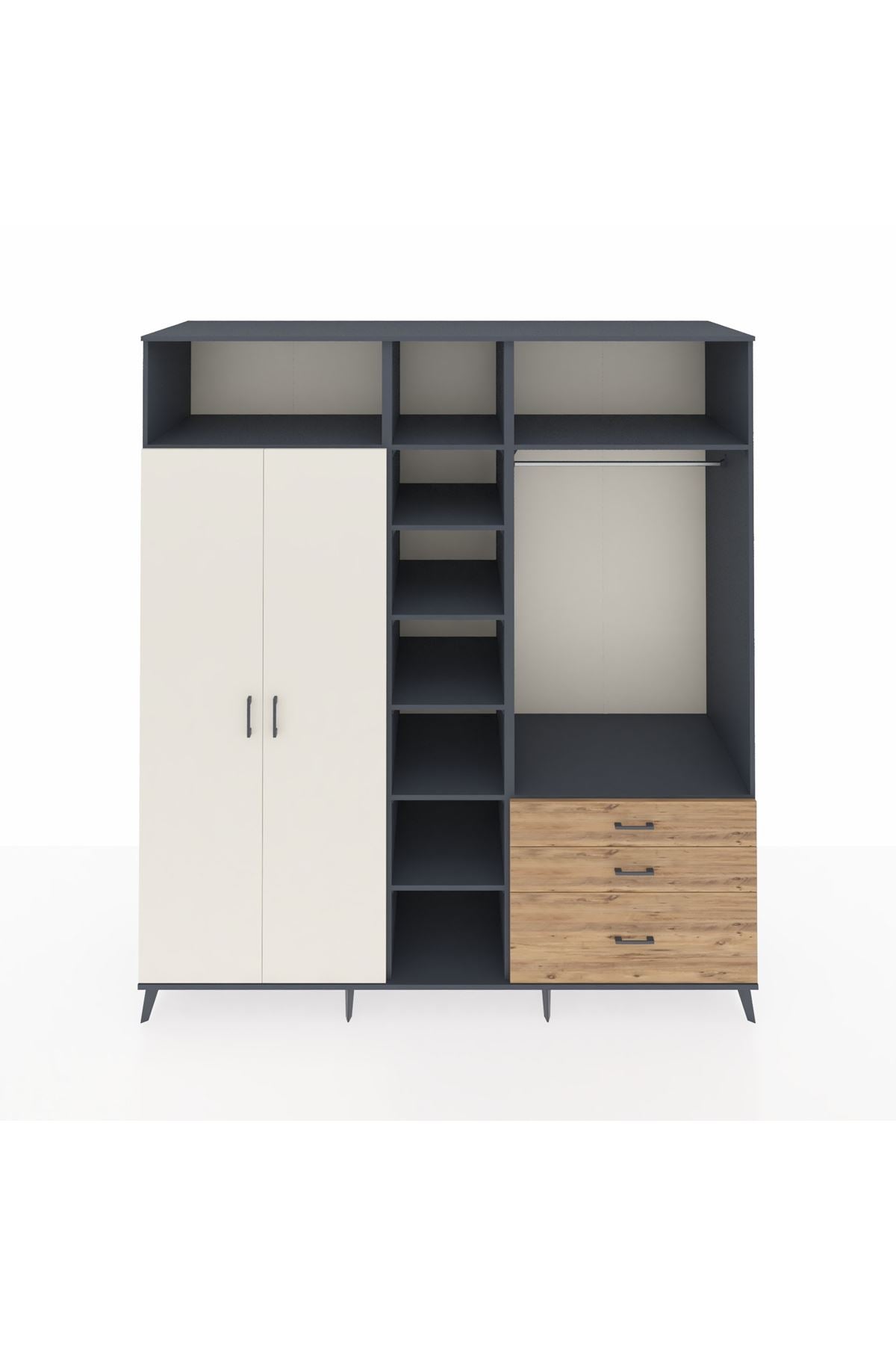 Kronos Dolap 9 Raflı 3 Çekmeceli 2 Askılı 220x59x243 Antrasit-Aytaşı/Çam