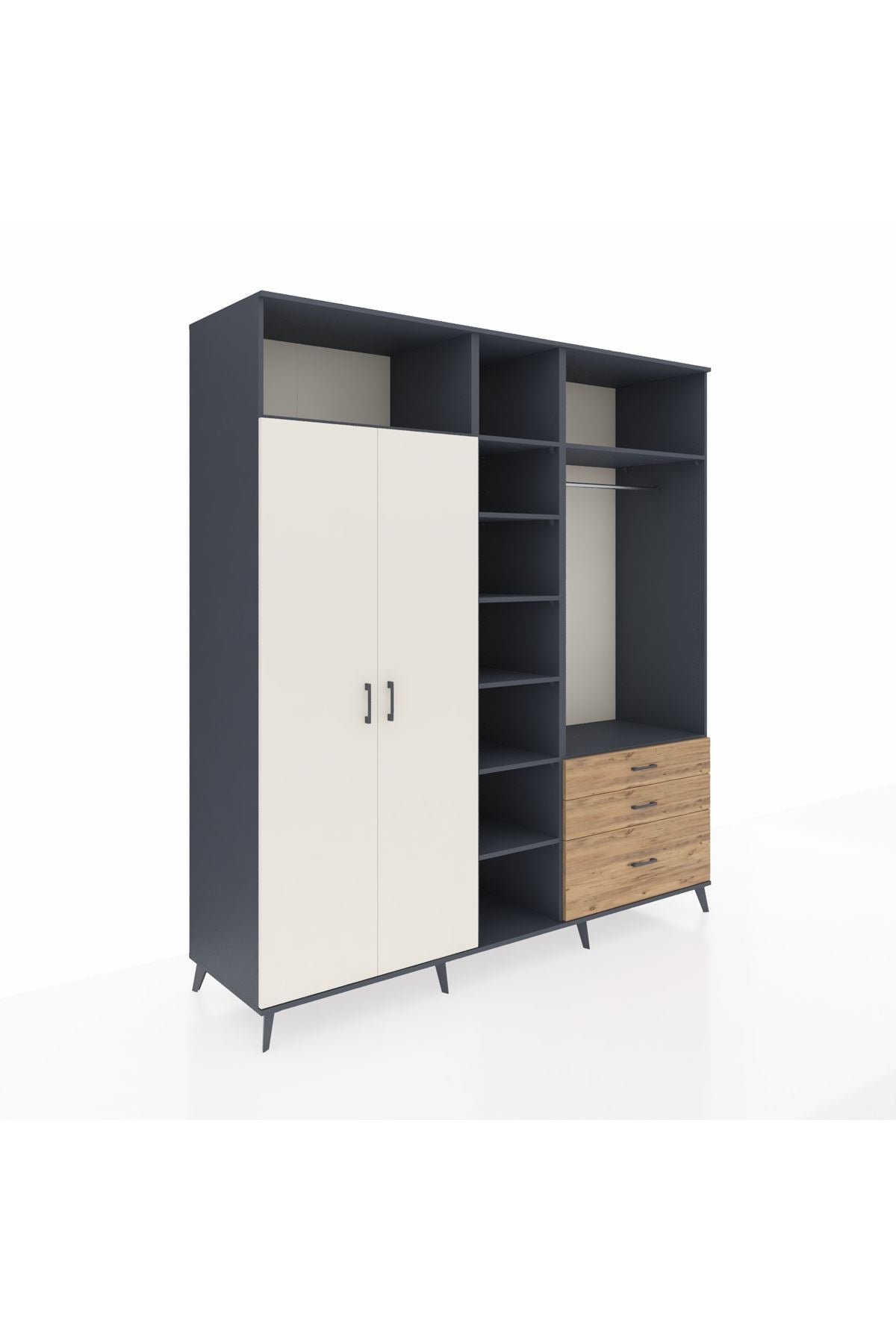 Kronos Dolap 9 Raflı 3 Çekmeceli 2 Askılı 220x59x243 Antrasit-Aytaşı/Çam