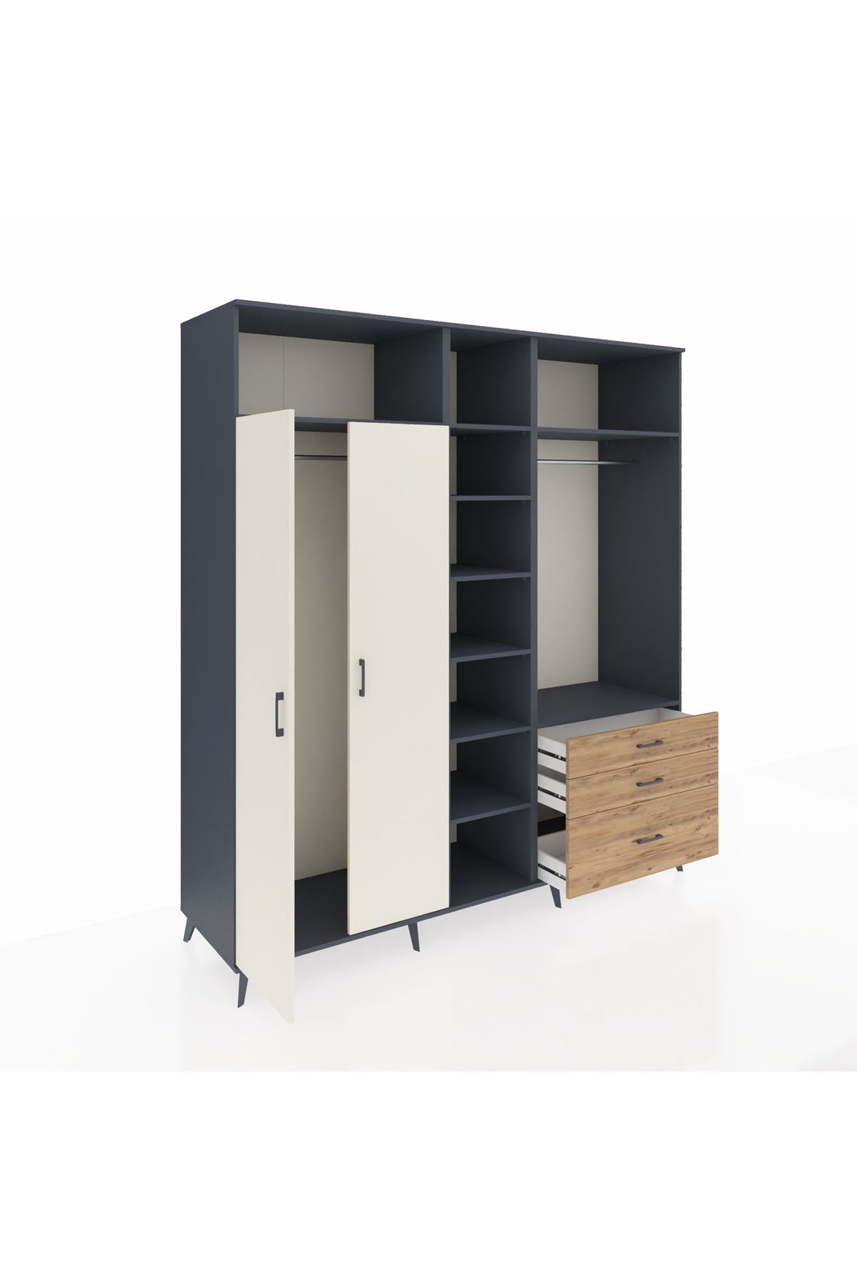 Kronos Dolap 9 Raflı 3 Çekmeceli 2 Askılı 220x59x243 Antrasit-Aytaşı/Çam