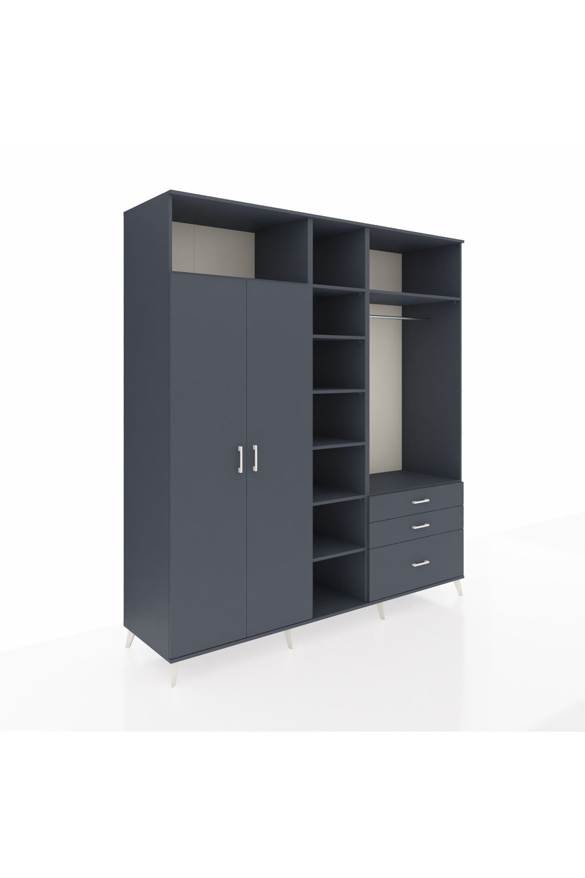 Kronos Dolap 9 Raflı 3 Çekmeceli 2 Askılı 220x59x243 Antrasit-Antrasit/Antrasit