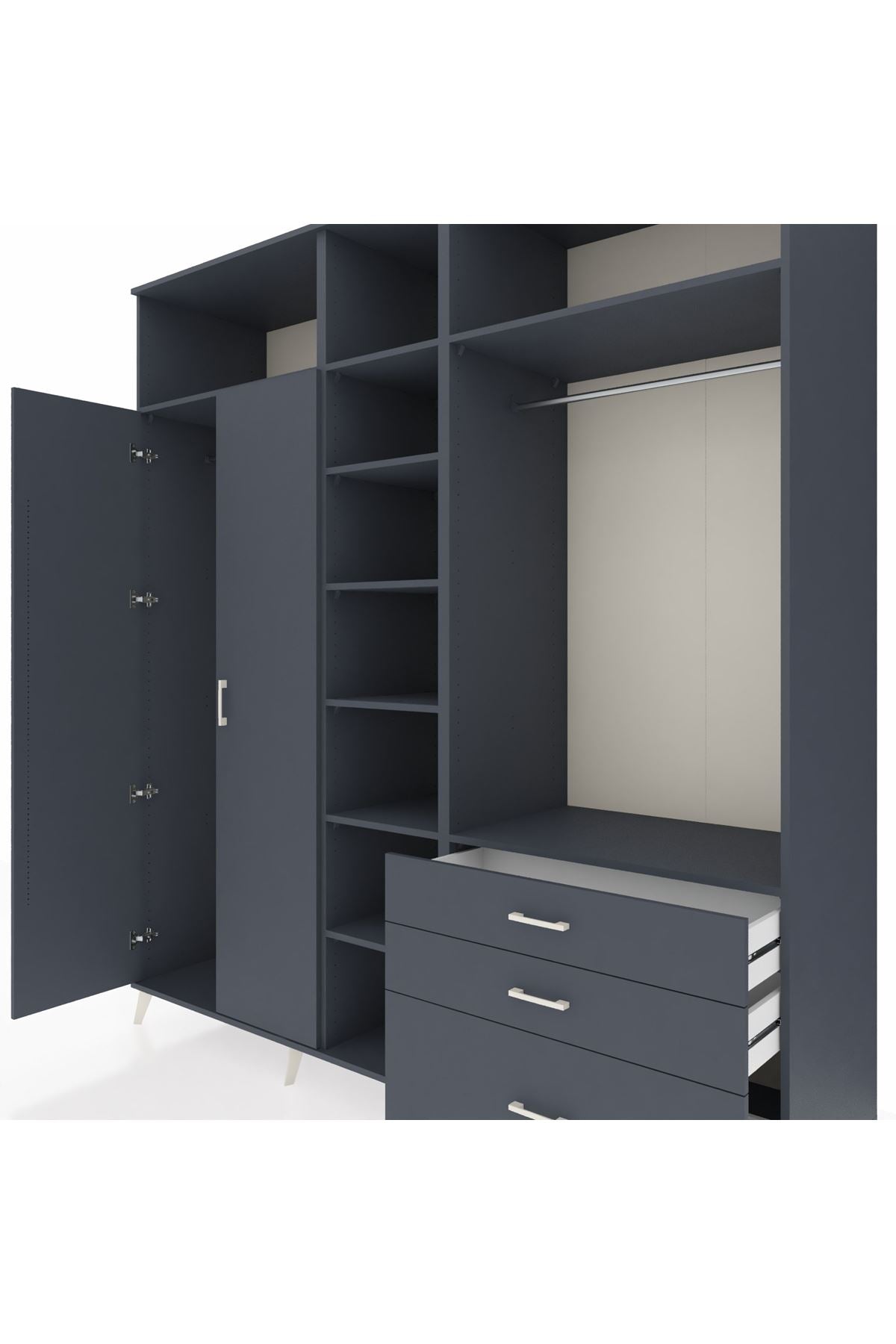 Kronos Dolap 9 Raflı 3 Çekmeceli 2 Askılı 220x59x243 Antrasit-Antrasit/Antrasit