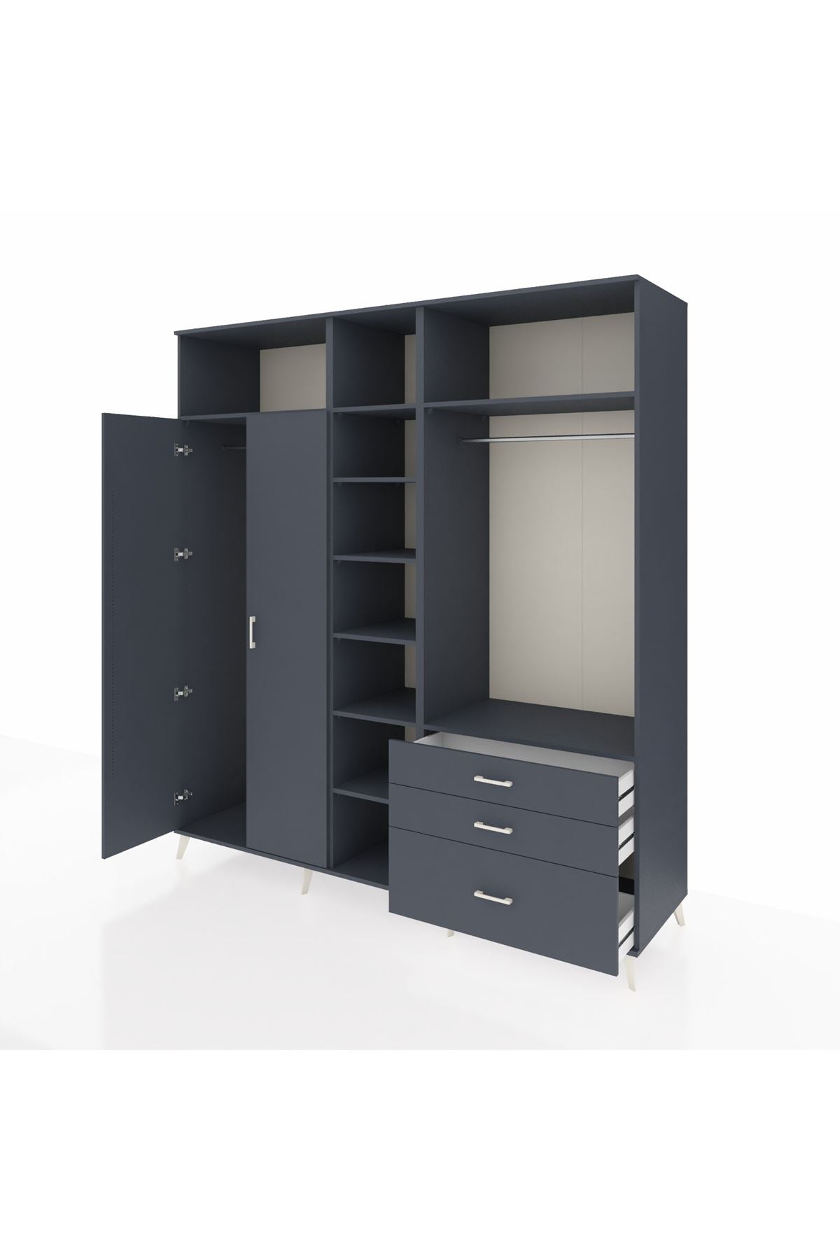 Kronos Dolap 9 Raflı 3 Çekmeceli 2 Askılı 220x59x243 Antrasit-Antrasit/Antrasit