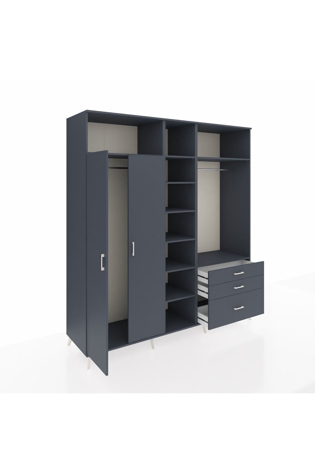 Kronos Dolap 9 Raflı 3 Çekmeceli 2 Askılı 220x59x243 Antrasit-Antrasit/Antrasit