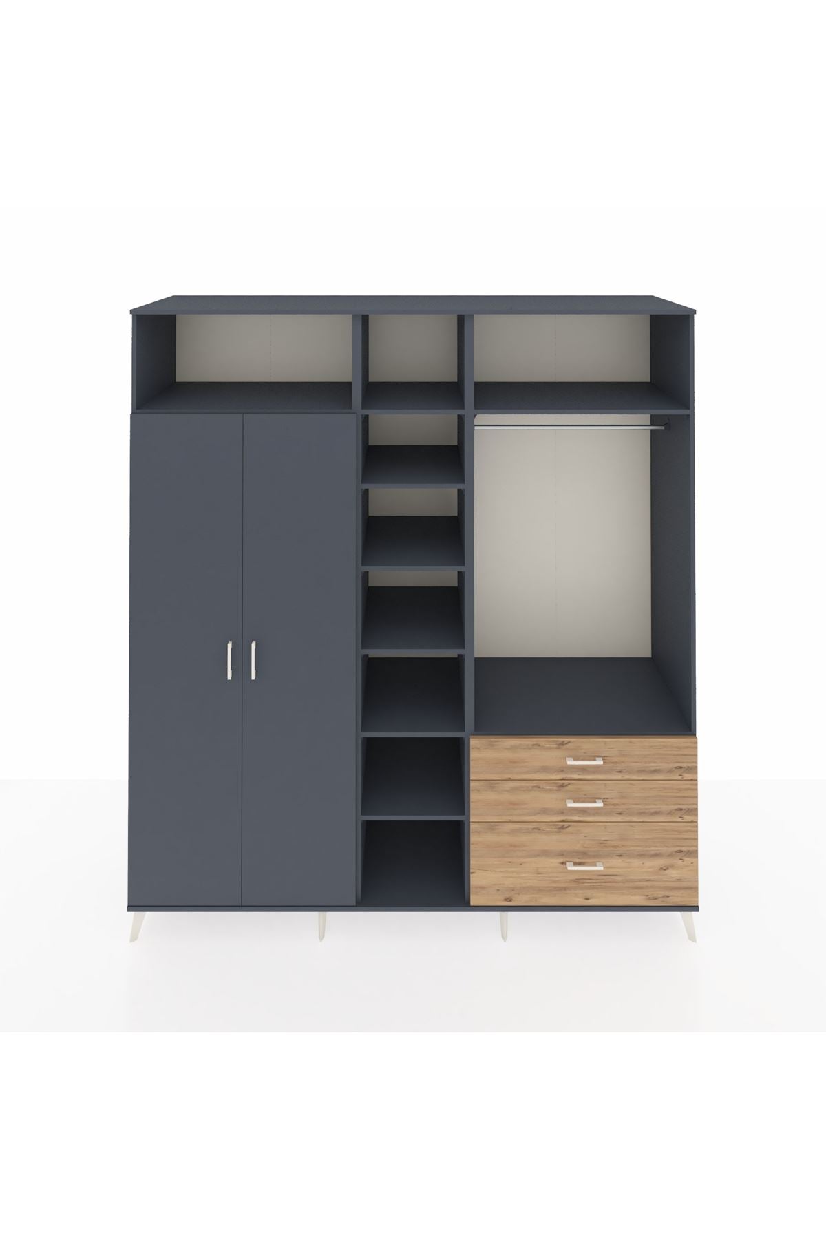 Kronos Dolap 9 Raflı 3 Çekmeceli 2 Askılı 220x59x243 Antrasit-Antrasit/Çam