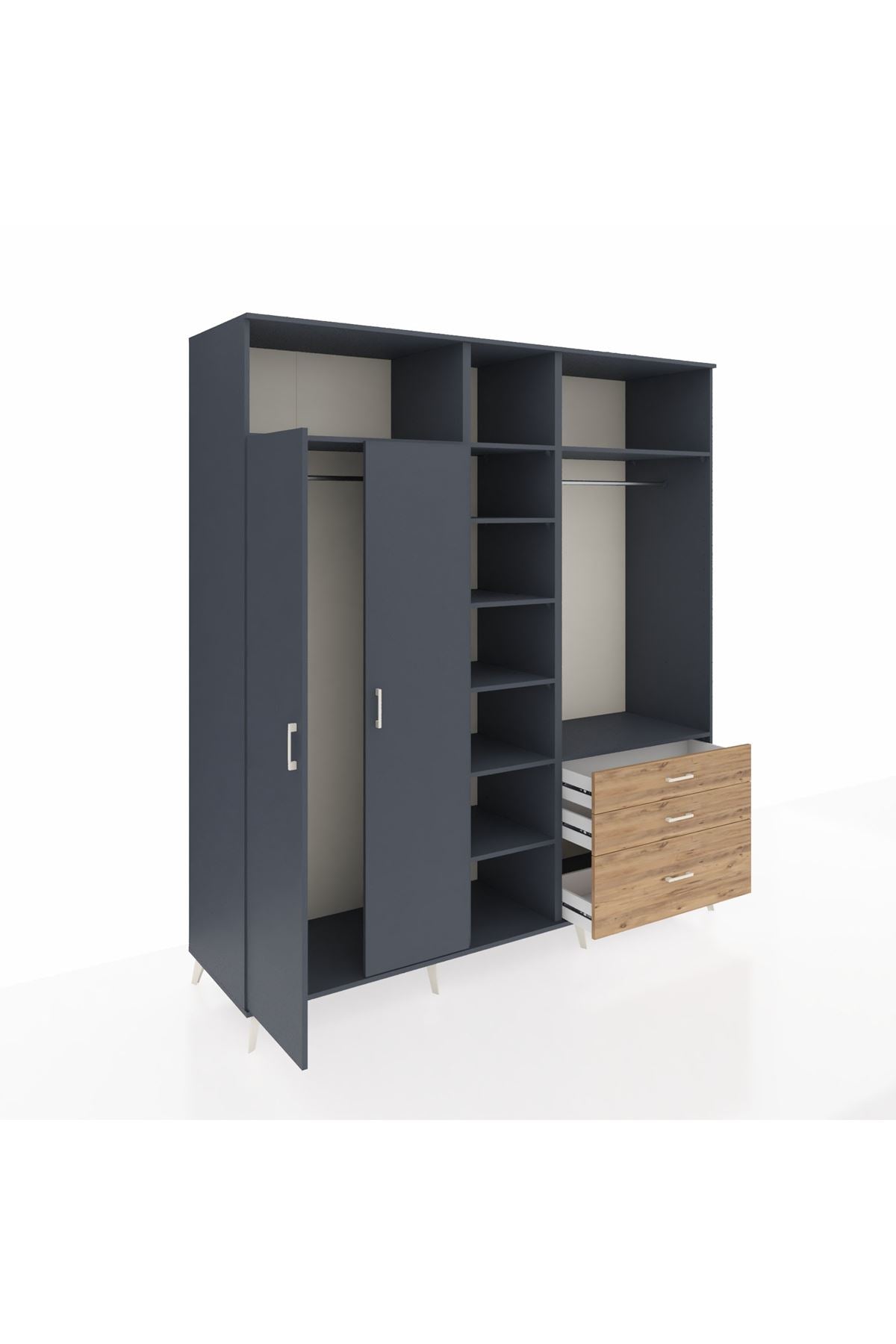 Kronos Dolap 9 Raflı 3 Çekmeceli 2 Askılı 220x59x243 Antrasit-Antrasit/Çam