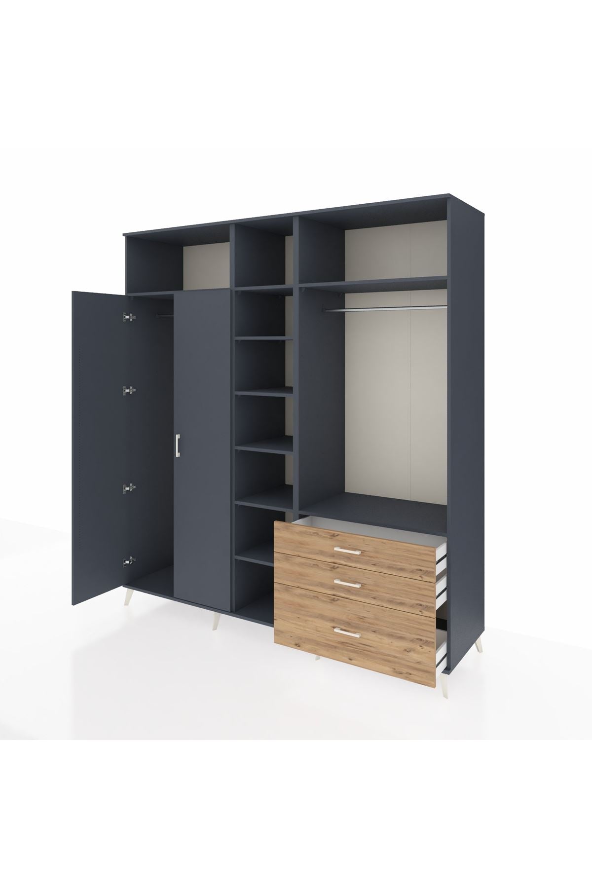 Kronos Dolap 9 Raflı 3 Çekmeceli 2 Askılı 220x59x243 Antrasit-Antrasit/Çam