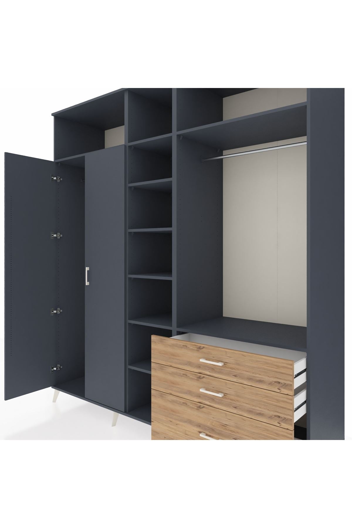 Kronos Dolap 9 Raflı 3 Çekmeceli 2 Askılı 220x59x243 Antrasit-Antrasit/Çam