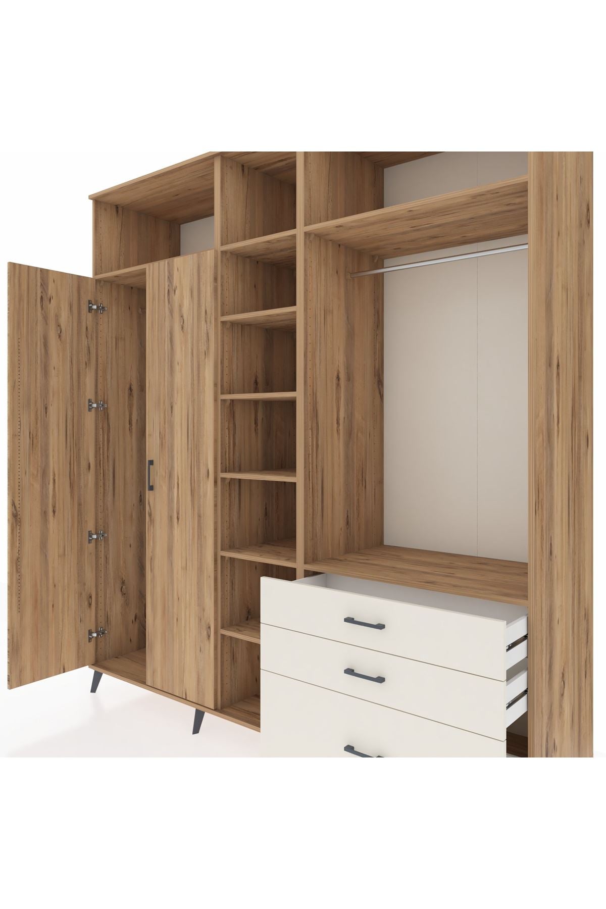 Kronos Dolap 9 Raflı 3 Çekmeceli 2 Askılı 220x59x243 Çam-Çam/Aytaşı