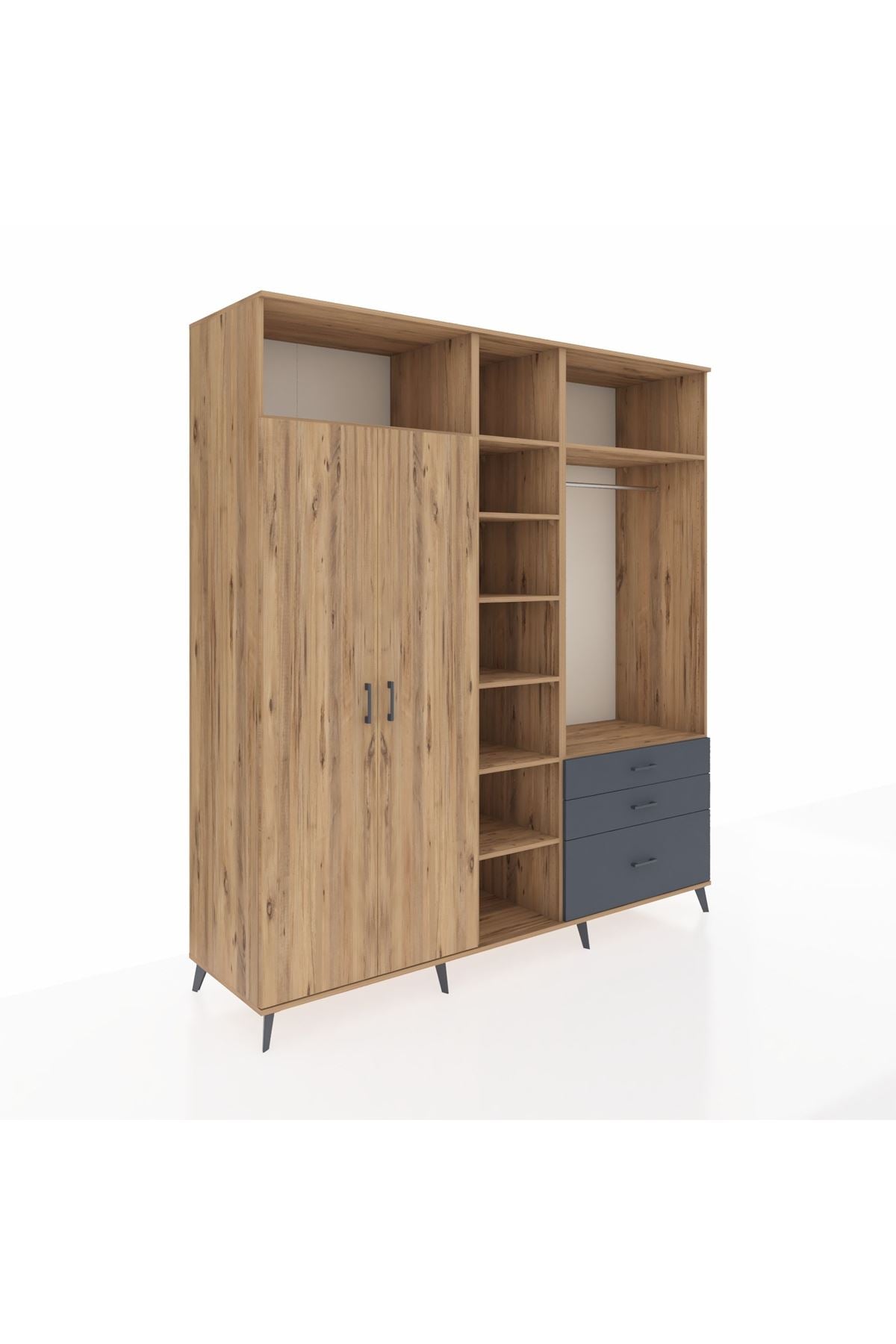 Kronos Dolap 9 Raflı 3 Çekmeceli 2 Askılı 220x59x243 Çam-Çam/Antrasit