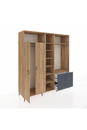 Kronos Dolap 9 Raflı 3 Çekmeceli 2 Askılı 220x59x243 Çam-Çam/Antrasit