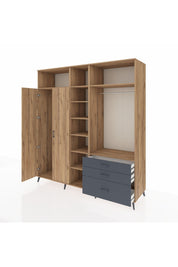 Kronos Dolap 9 Raflı 3 Çekmeceli 2 Askılı 220x59x243 Çam-Çam/Antrasit