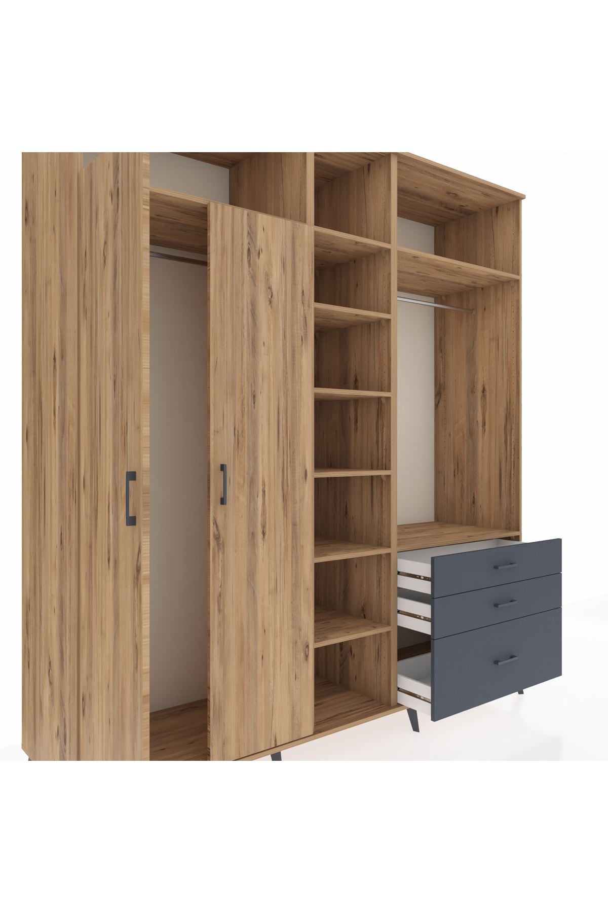 Kronos Dolap 9 Raflı 3 Çekmeceli 2 Askılı 220x59x243 Çam-Çam/Antrasit