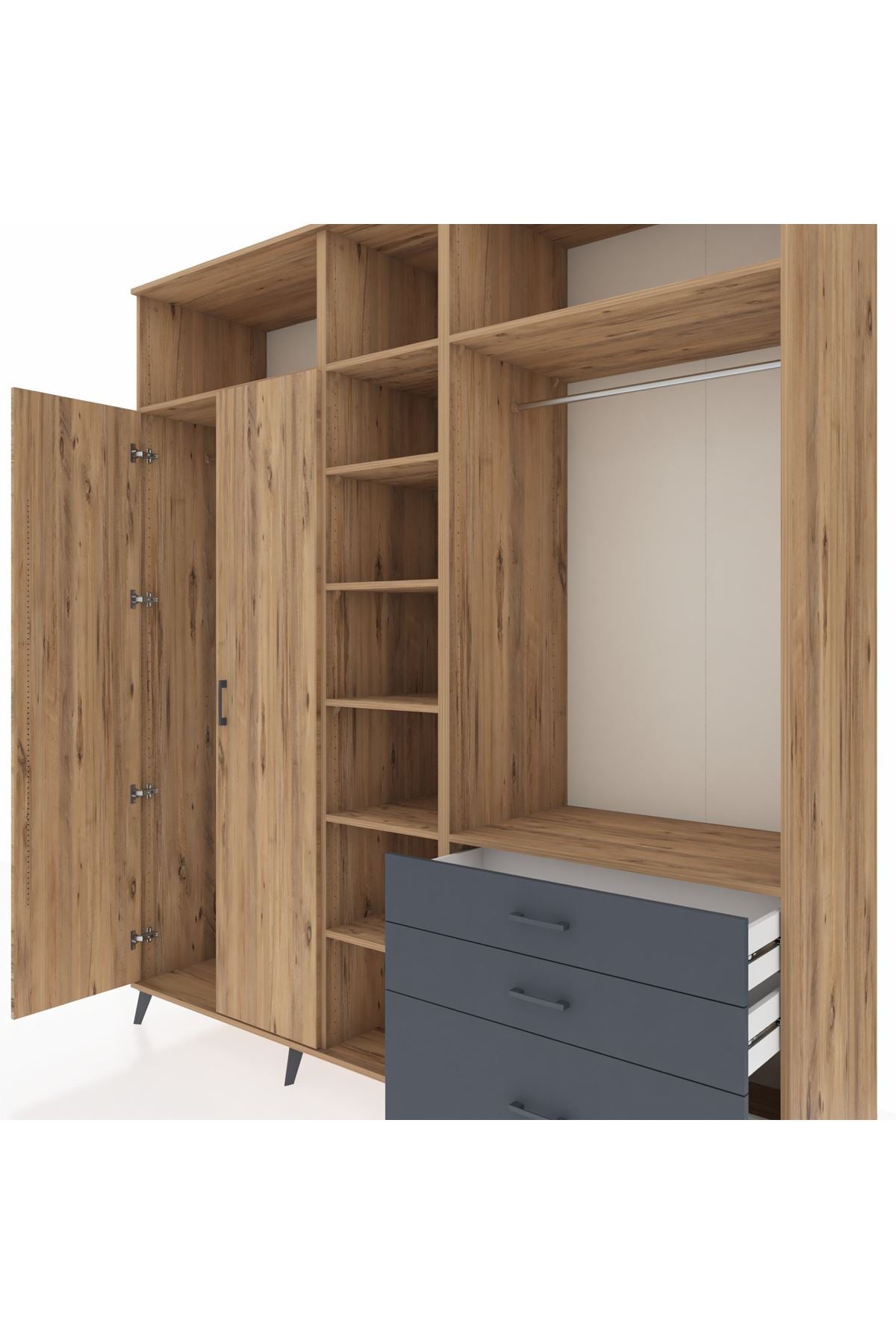 Kronos Dolap 9 Raflı 3 Çekmeceli 2 Askılı 220x59x243 Çam-Çam/Antrasit