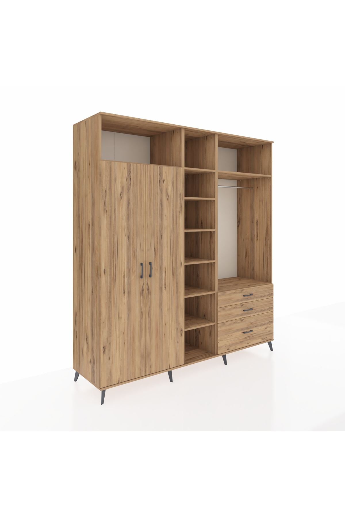 Kronos Dolap 9 Raflı 3 Çekmeceli 2 Askılı 220x59x243 Çam-Çam/Çam