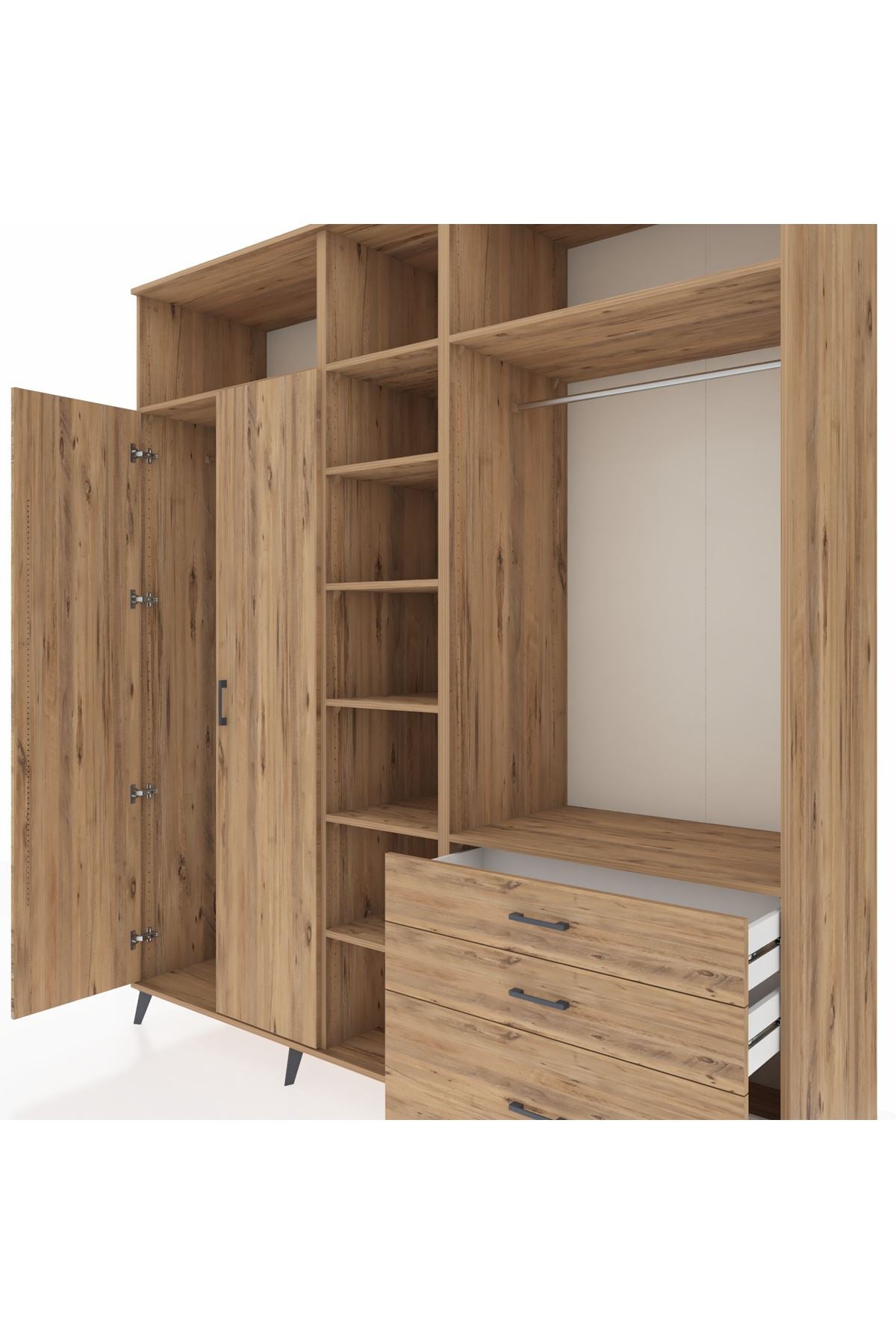 Kronos Dolap 9 Raflı 3 Çekmeceli 2 Askılı 220x59x243 Çam-Çam/Çam