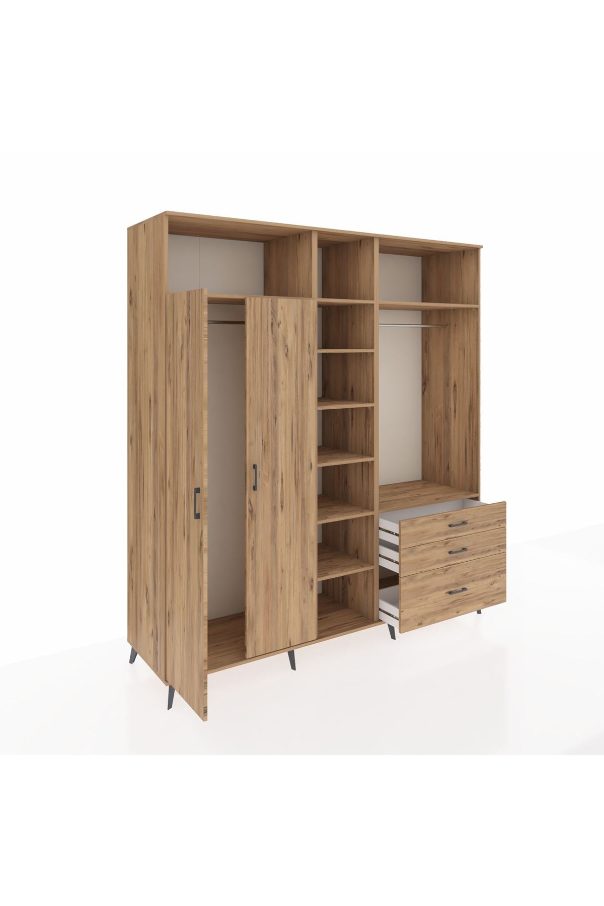 Kronos Dolap 9 Raflı 3 Çekmeceli 2 Askılı 220x59x243 Çam-Çam/Çam