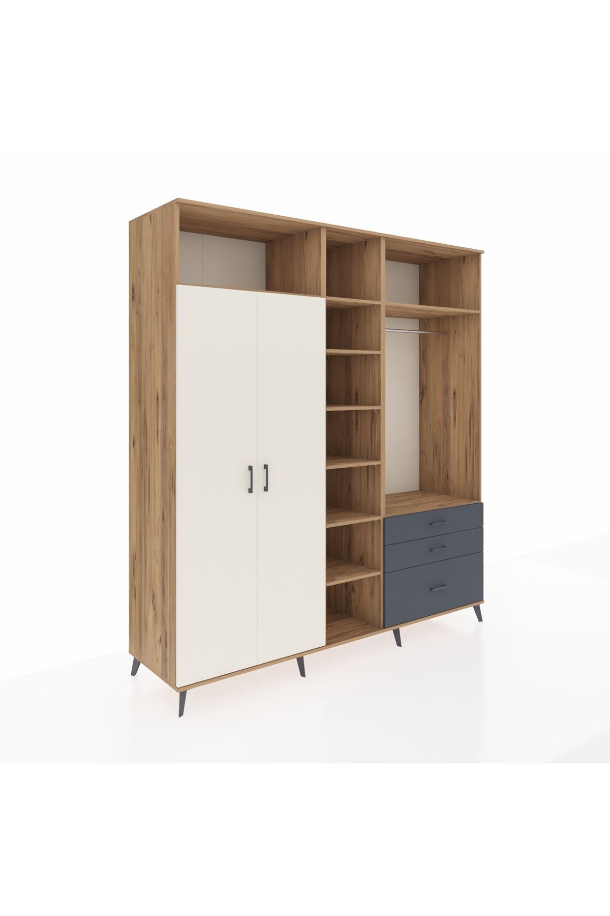 Kronos Dolap 9 Raflı 3 Çekmeceli 2 Askılı 220x59x243 Çam-Aytaşı/Antrasit