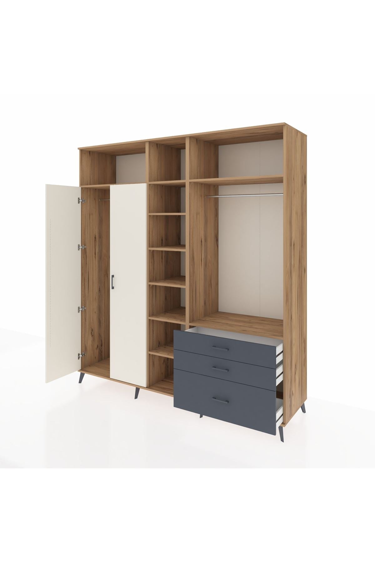 Kronos Dolap 9 Raflı 3 Çekmeceli 2 Askılı 220x59x243 Çam-Aytaşı/Antrasit