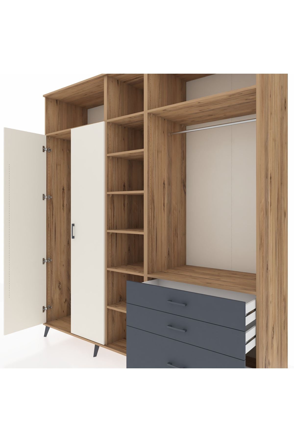 Kronos Dolap 9 Raflı 3 Çekmeceli 2 Askılı 220x59x243 Çam-Aytaşı/Antrasit