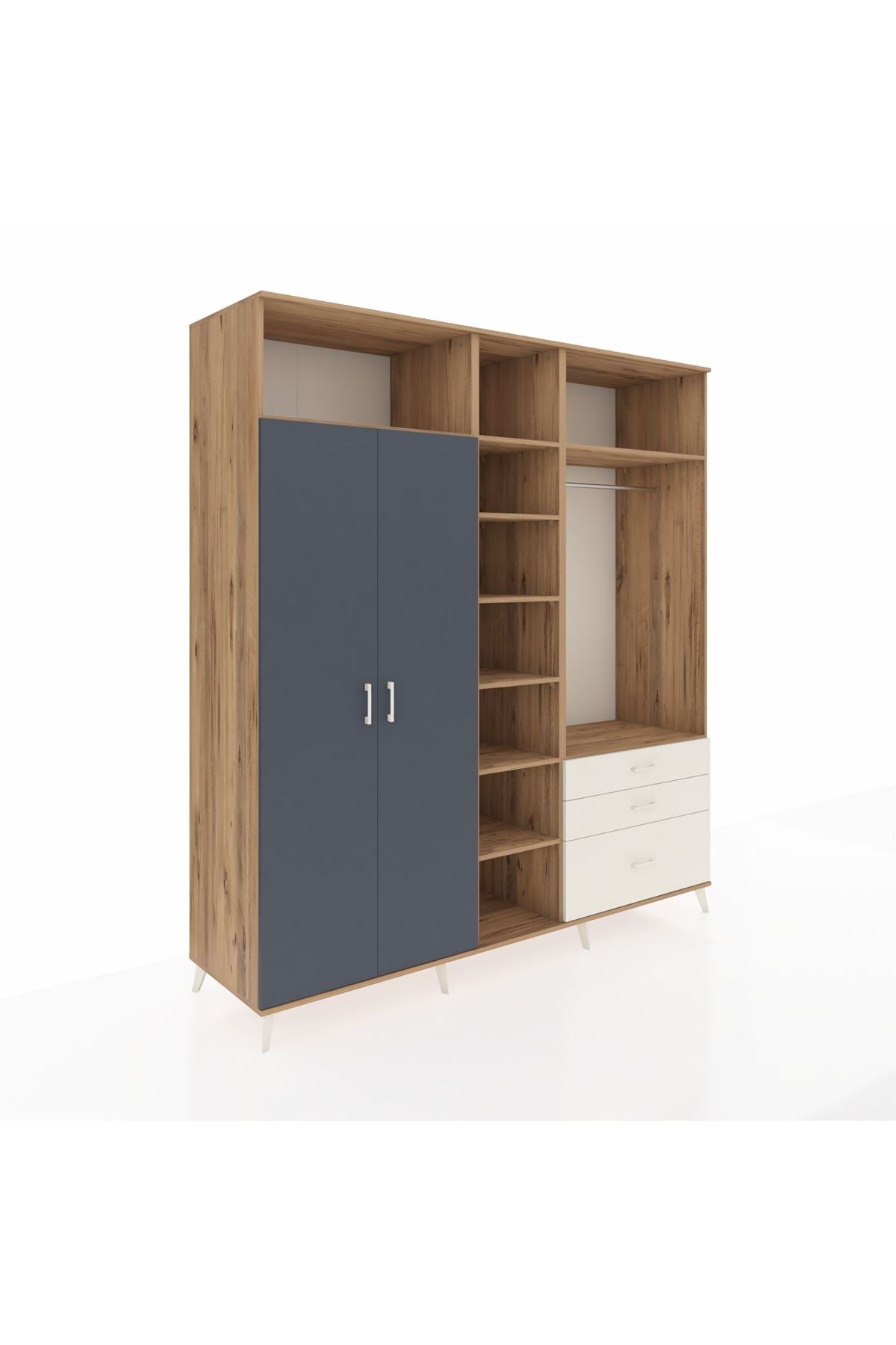 Kronos Dolap 9 Raflı 3 Çekmeceli 2 Askılı 220x59x243 Çam-Antrasit/Aytaşı