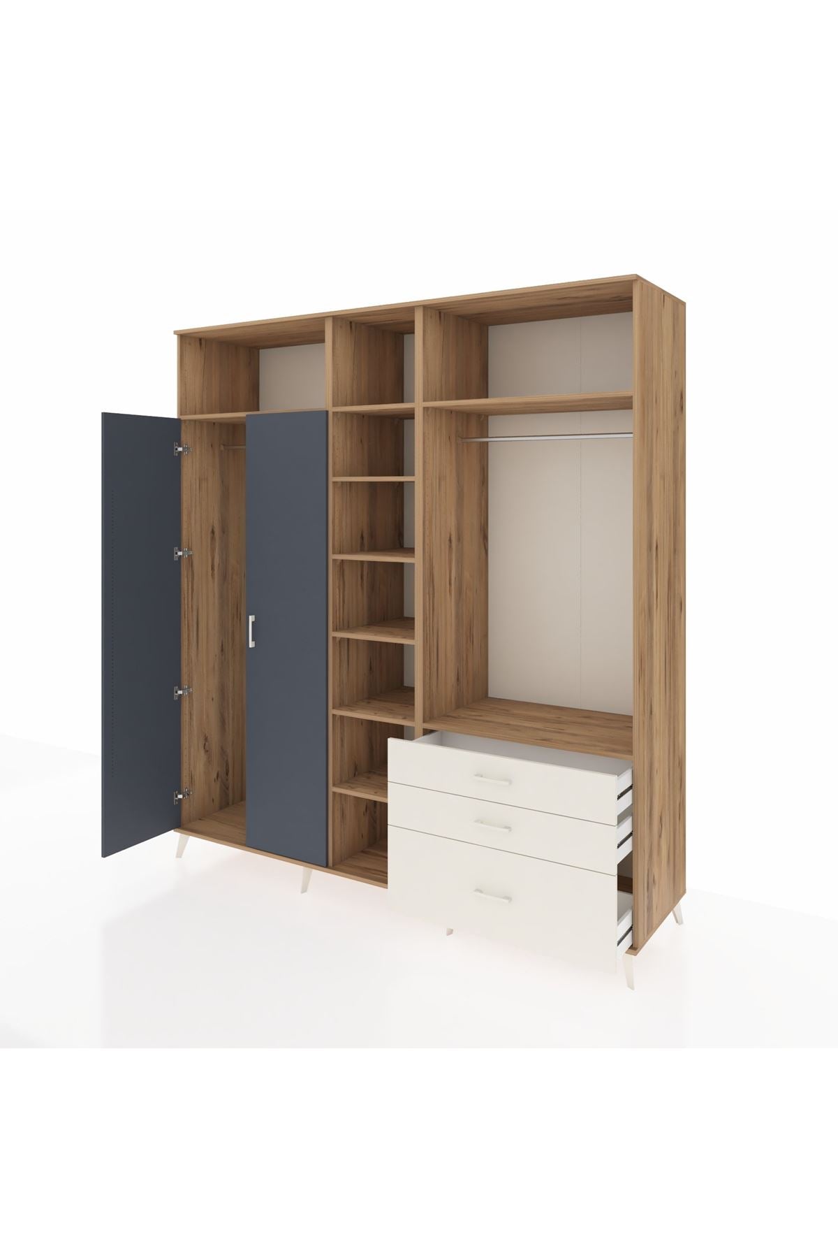 Kronos Dolap 9 Raflı 3 Çekmeceli 2 Askılı 220x59x243 Çam-Antrasit/Aytaşı