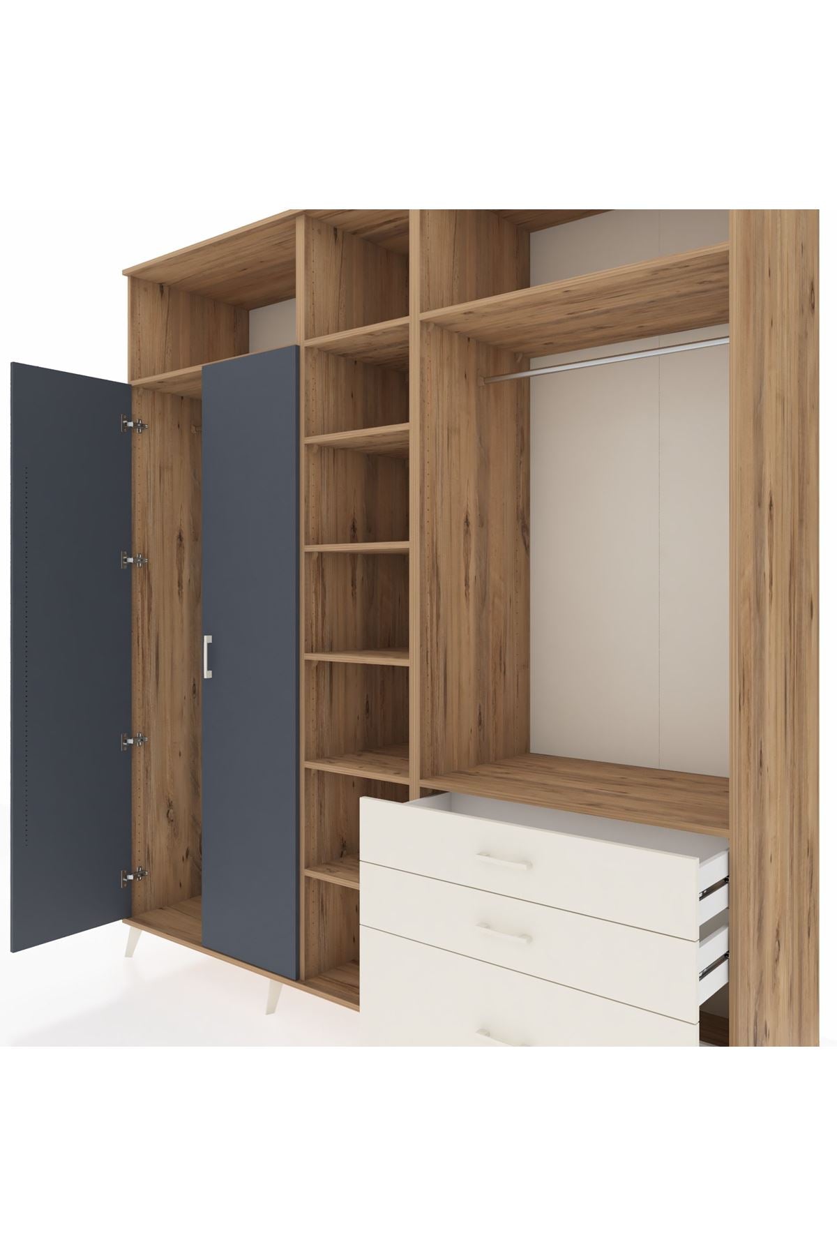 Kronos Dolap 9 Raflı 3 Çekmeceli 2 Askılı 220x59x243 Çam-Antrasit/Aytaşı