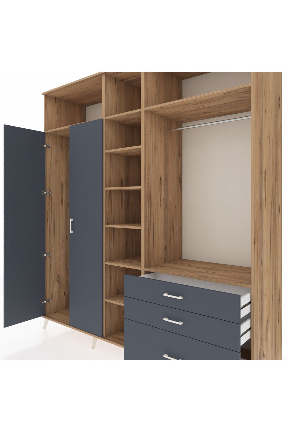 Kronos Dolap 9 Raflı 3 Çekmeceli 2 Askılı 220x59x243 Çam-Antrasit/Antrasit