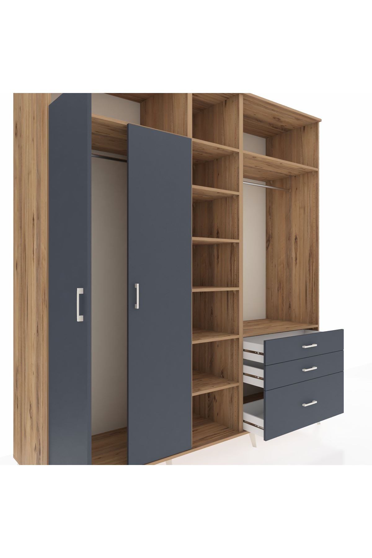 Kronos Dolap 9 Raflı 3 Çekmeceli 2 Askılı 220x59x243 Çam-Antrasit/Antrasit