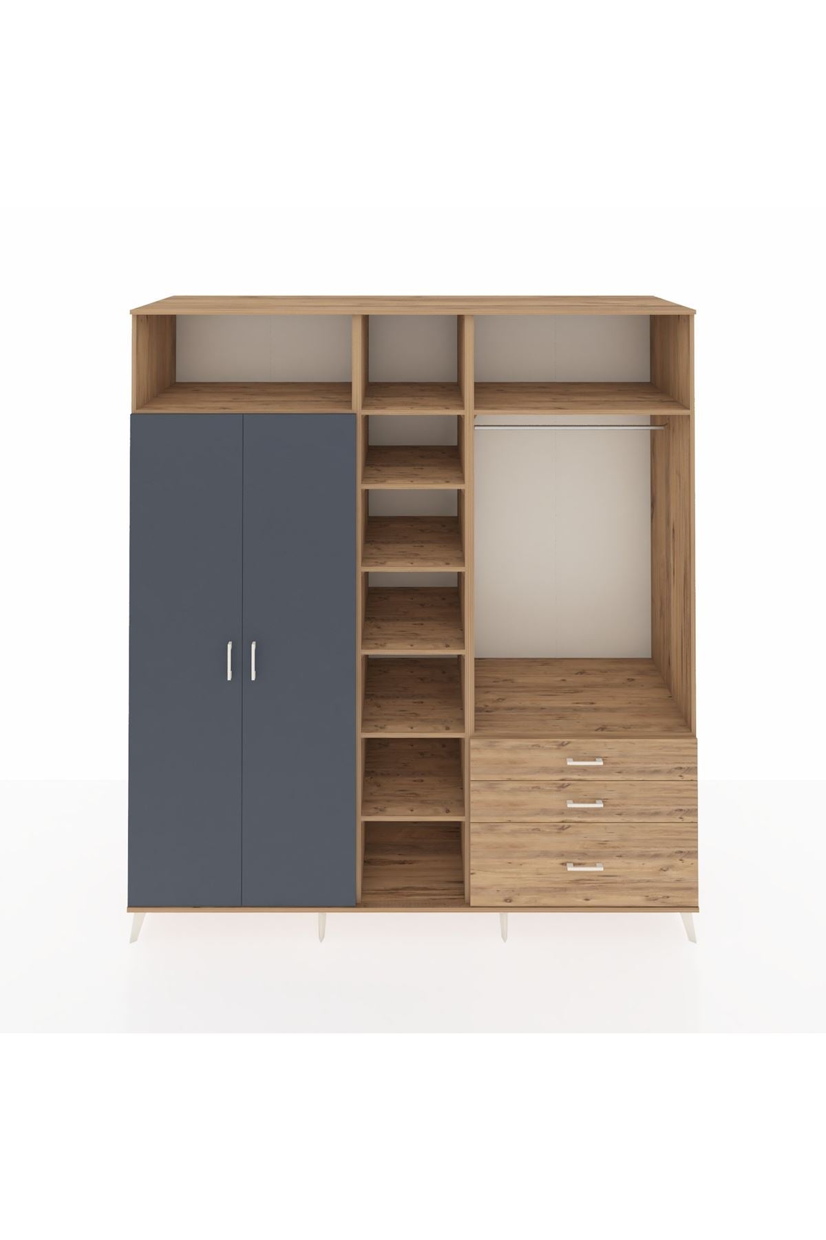 Kronos Dolap 9 Raflı 3 Çekmeceli 2 Askılı 220x59x243 Çam-Antrasit/Çam