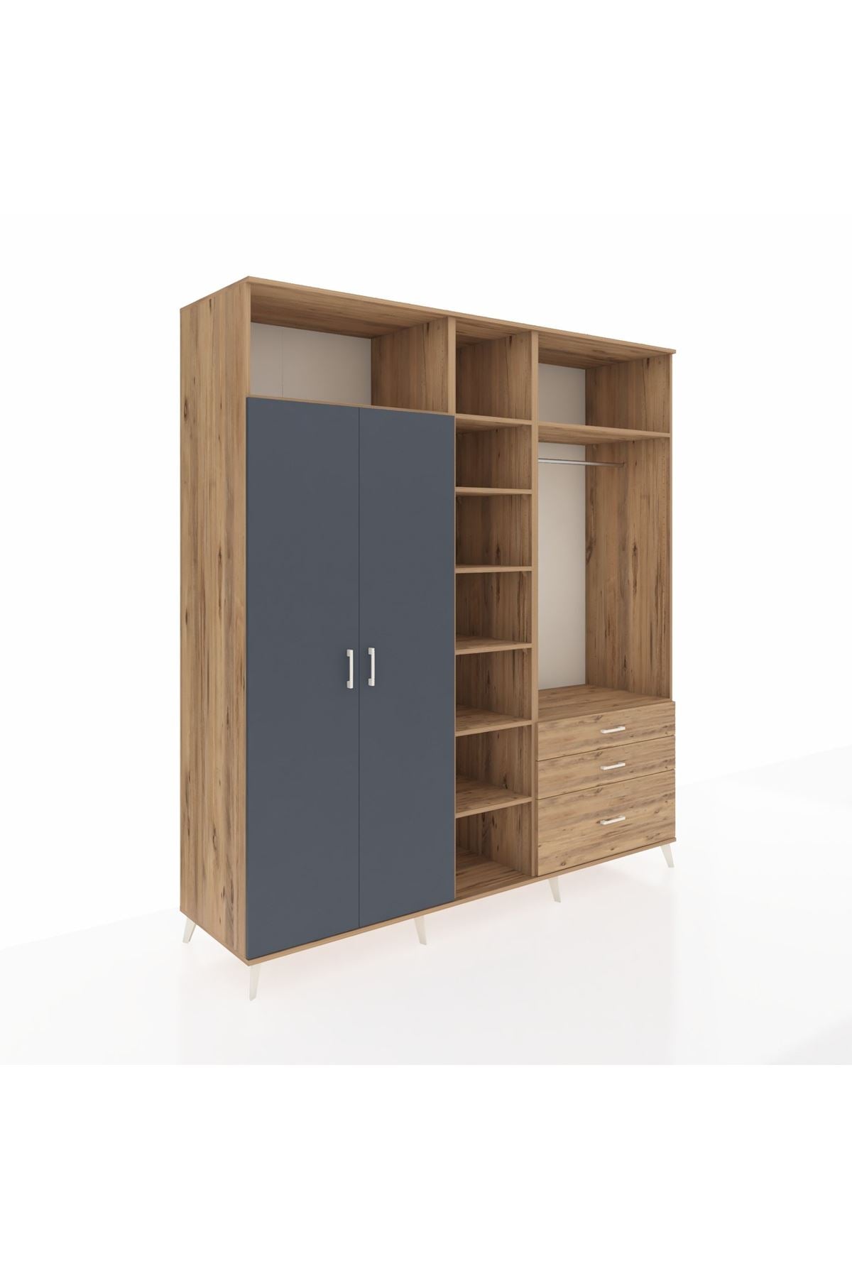 Kronos Dolap 9 Raflı 3 Çekmeceli 2 Askılı 220x59x243 Çam-Antrasit/Çam