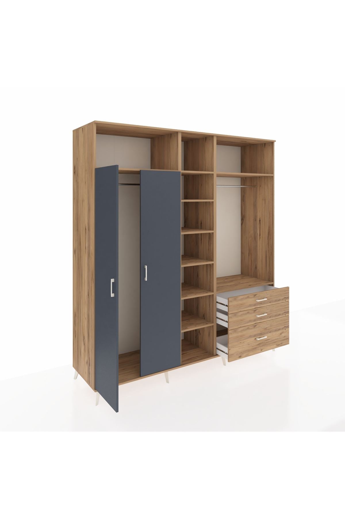 Kronos Dolap 9 Raflı 3 Çekmeceli 2 Askılı 220x59x243 Çam-Antrasit/Çam