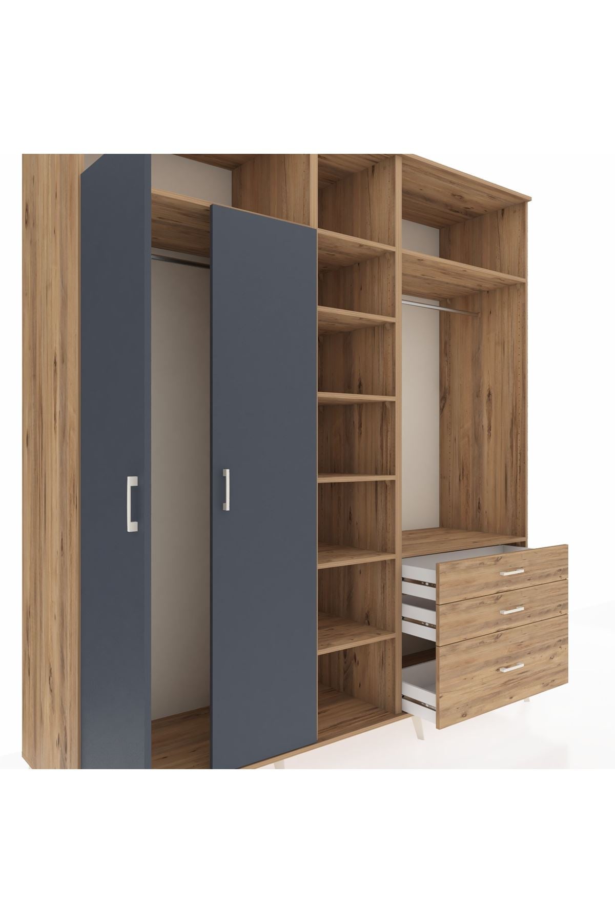 Kronos Dolap 9 Raflı 3 Çekmeceli 2 Askılı 220x59x243 Çam-Antrasit/Çam