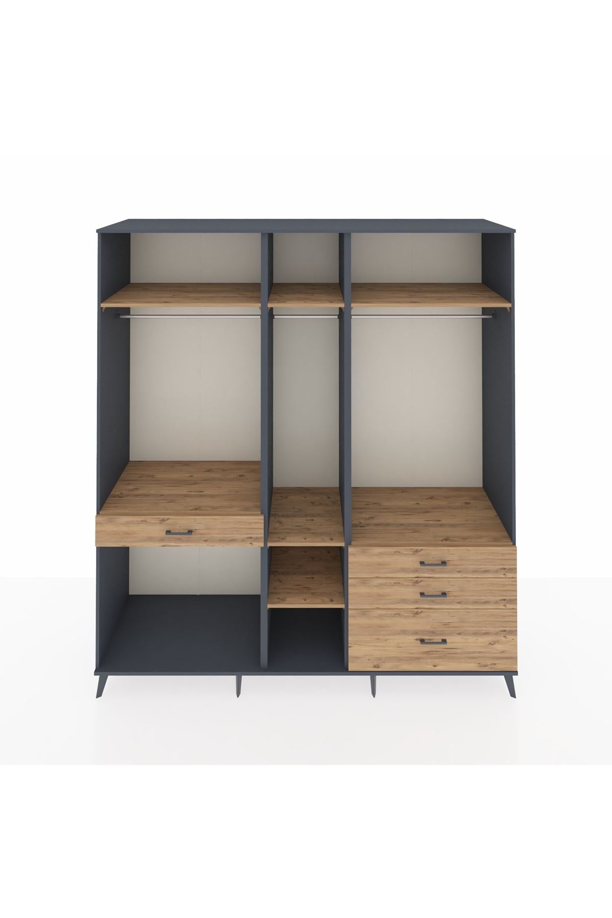 Kronos Dolap 7 Raflı 4 Çekmeceli 3 Askılı 220x59x243 Antrasit-Çam/Çam