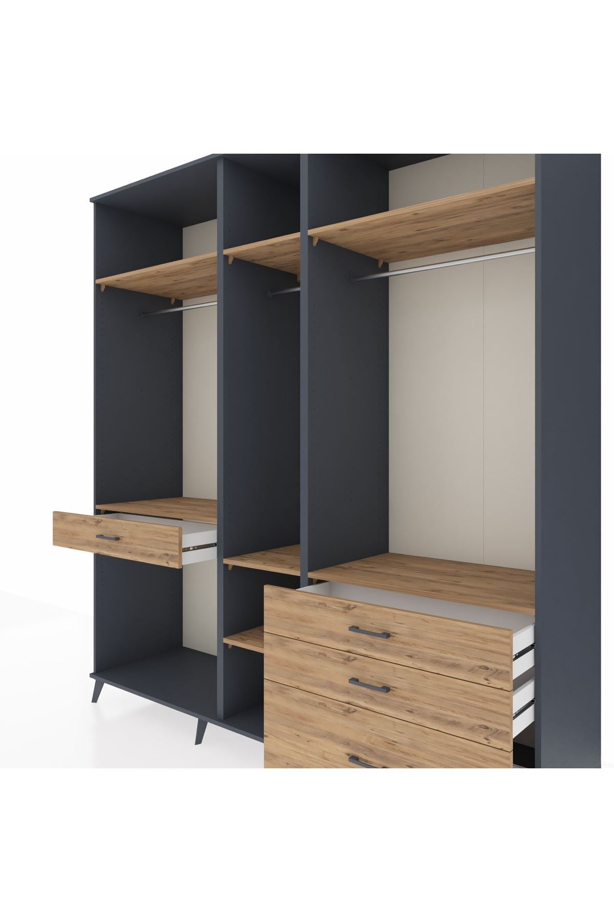 Kronos Dolap 7 Raflı 4 Çekmeceli 3 Askılı 220x59x243 Antrasit-Çam/Çam