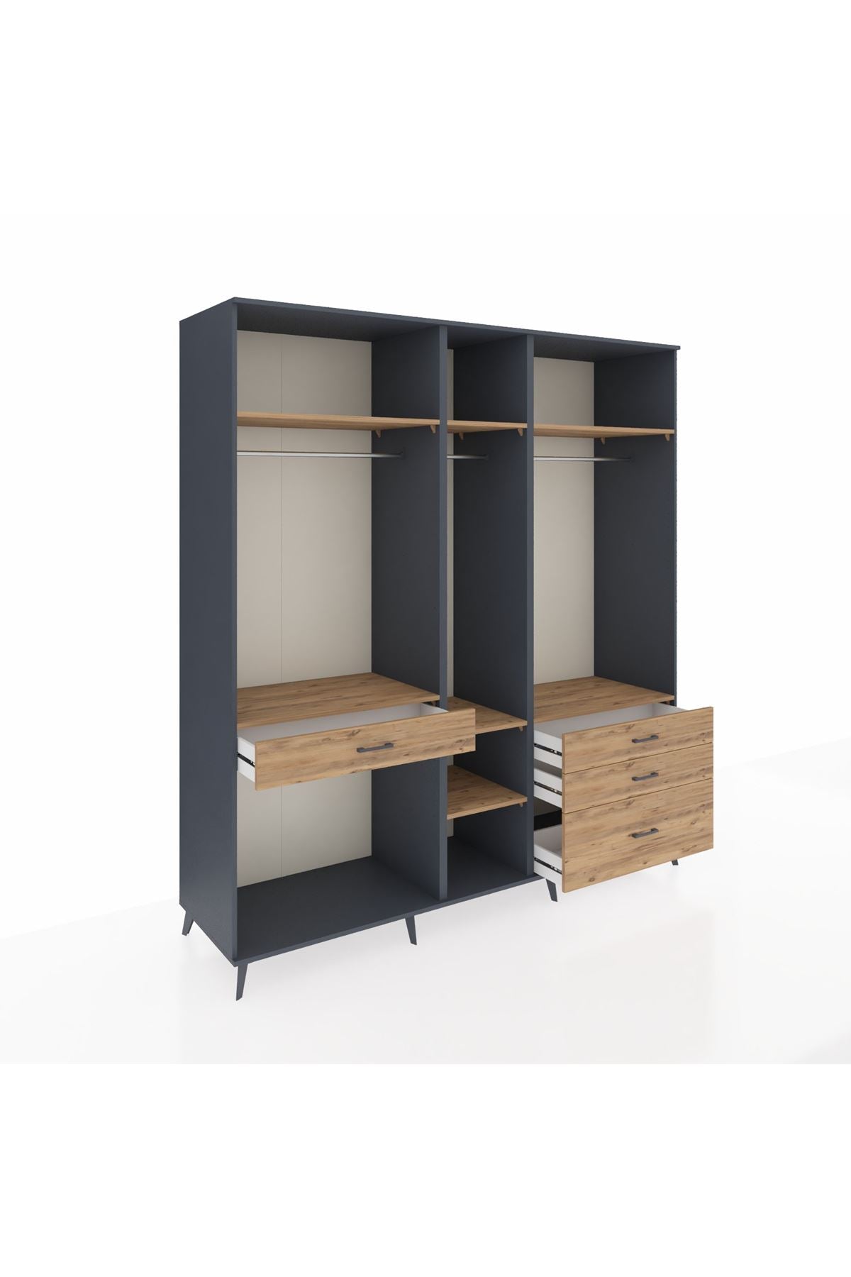 Kronos Dolap 7 Raflı 4 Çekmeceli 3 Askılı 220x59x243 Antrasit-Çam/Çam