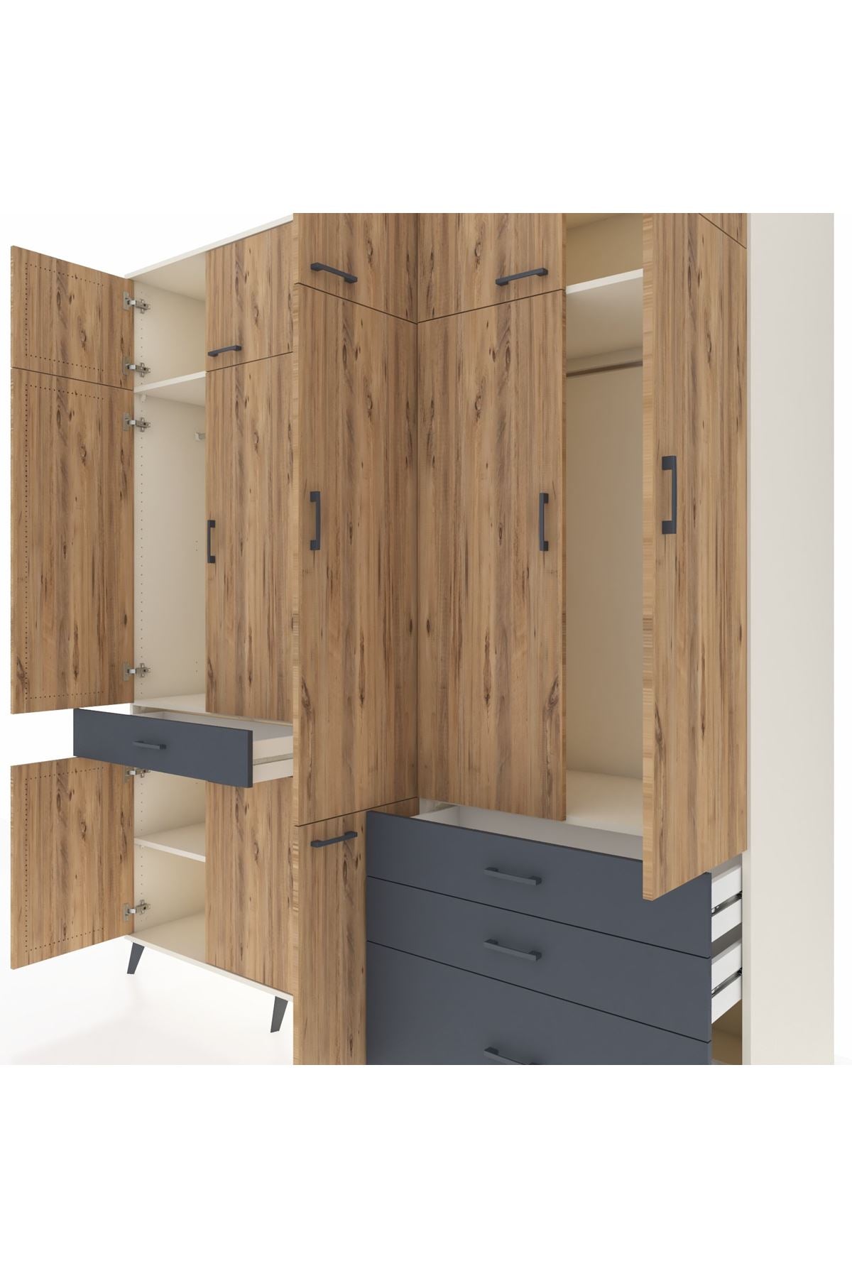 Kronos Dolap 8 Raflı 4 Çekmeceli 3 Askılı 220x59x243 Aytaşı-Çam/Antrasit