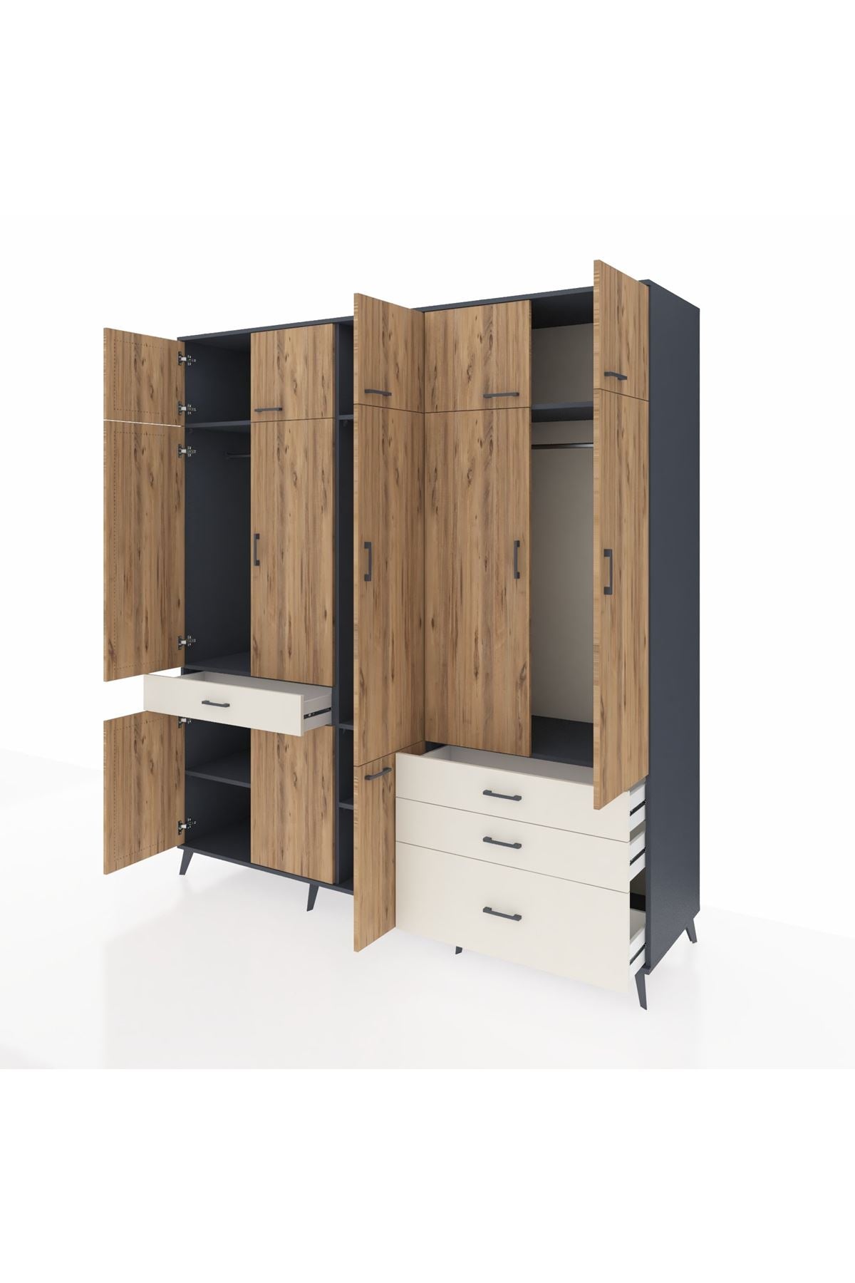 Kronos Dolap 8 Raflı 4 Çekmeceli 3 Askılı 220x59x243 Antrasit-Çam/Aytaşı