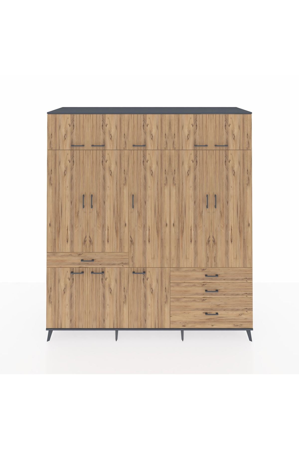 Kronos Dolap 8 Raflı 4 Çekmeceli 3 Askılı 220x59x243 Antrasit-Çam/Çam