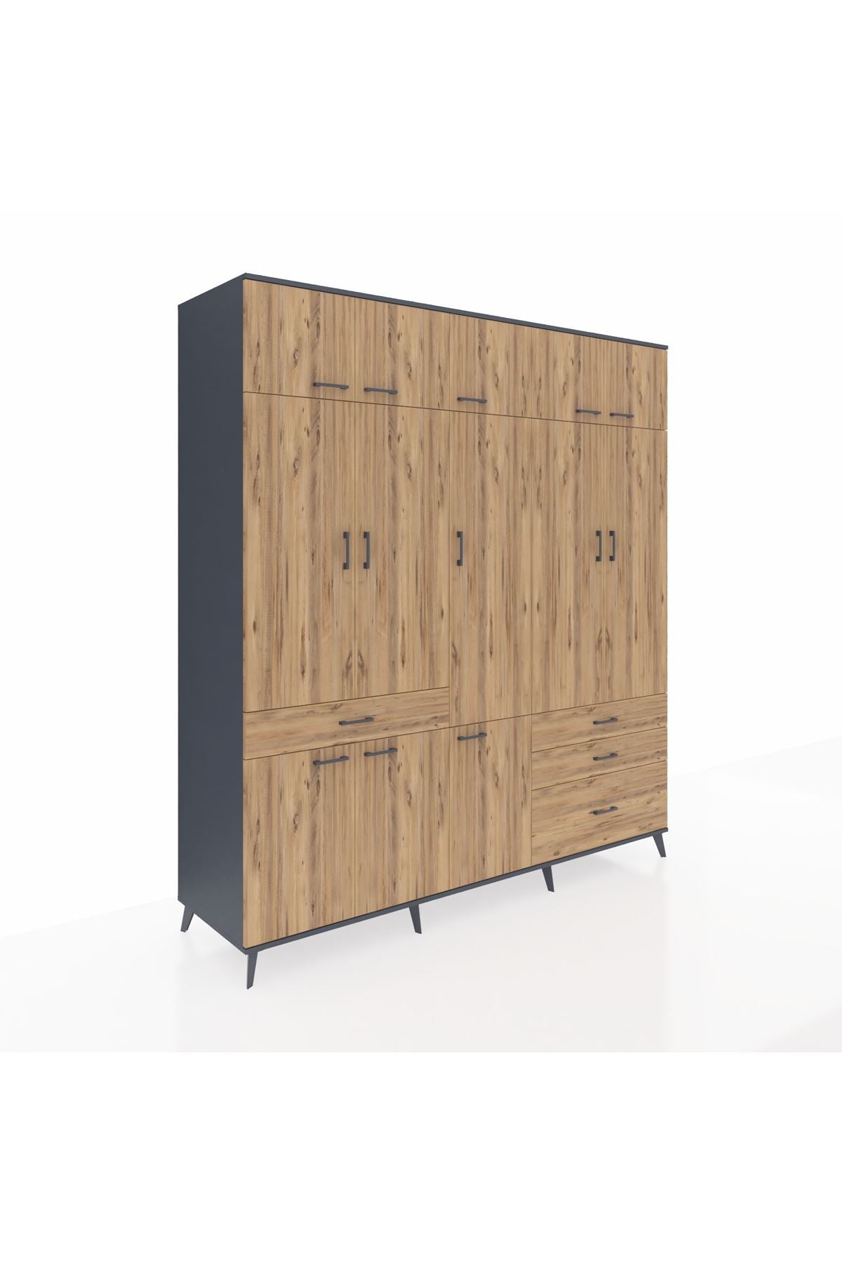 Kronos Dolap 8 Raflı 4 Çekmeceli 3 Askılı 220x59x243 Antrasit-Çam/Çam