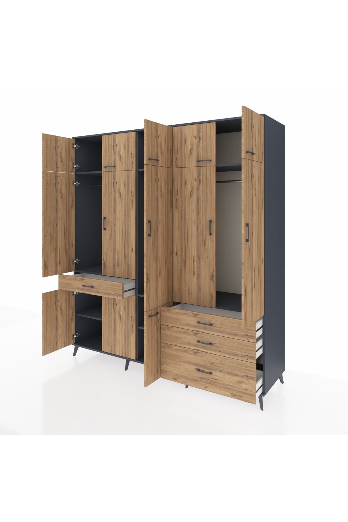 Kronos Dolap 8 Raflı 4 Çekmeceli 3 Askılı 220x59x243 Antrasit-Çam/Çam